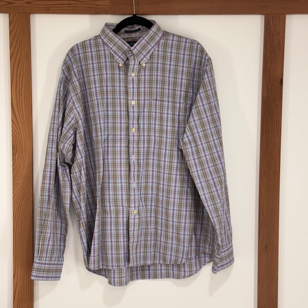 Lands' End Men's Shirt‎ XL Plaid 100% Cotton No-Iron Twill L/S Button Up Casual